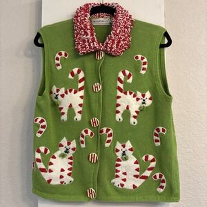 Vintage Belle Pointe 3D Cats Embellished Knit Christmas Sweater Sz M Button